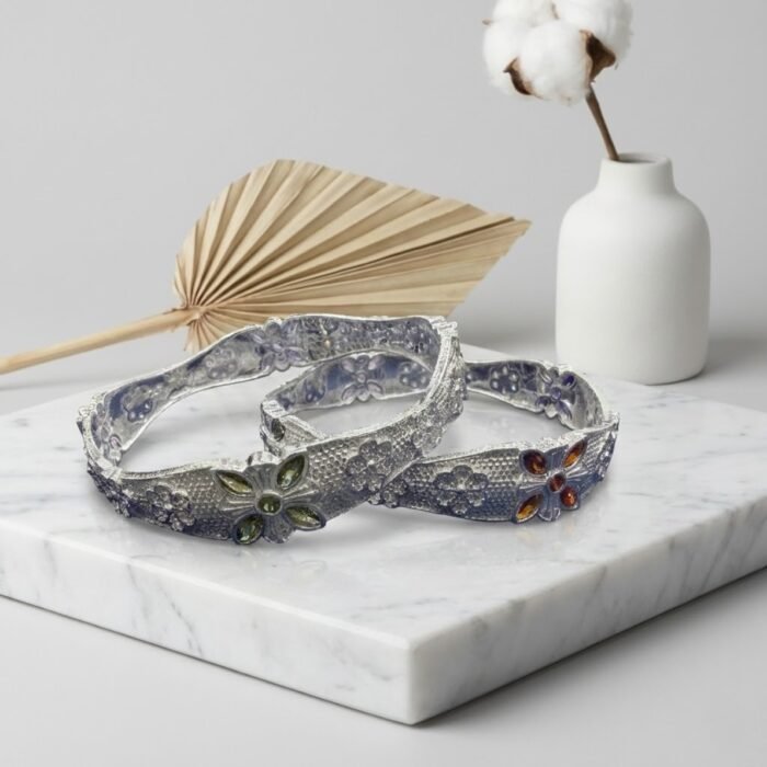 Elegant Silver Floral Gemstone Bangle Bracelet – Handmade Silver Bangle for Women